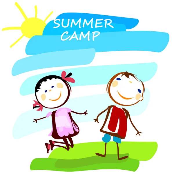 Καλοκαίρι στρατόπεδο αφίσα με ευτυχισμένο αγόρι και κορίτσι — Διανυσματικό Αρχείο