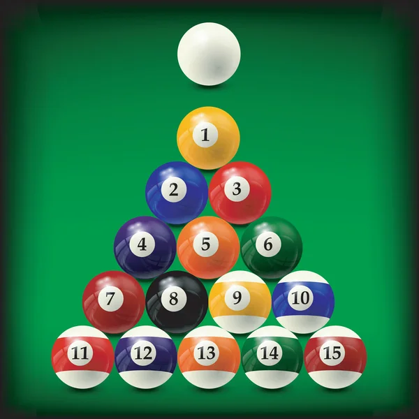 Billiard balls in triangle on green pool table top view. White and