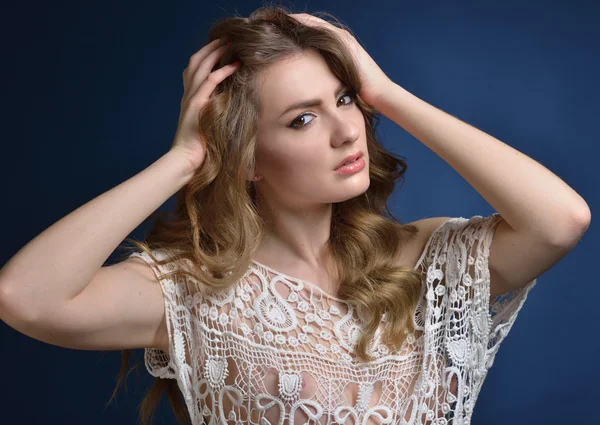 Beautiful woman in lace white blouse. — Stock Photo, Image