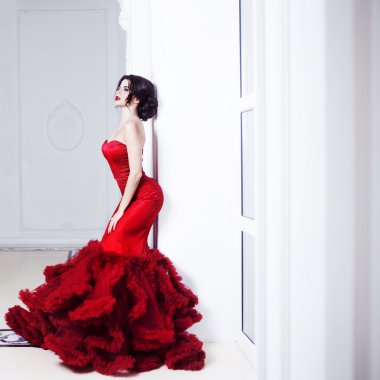 Güzellik esmer model kadın akşam kırmızı elbise. Güzel moda lüks makyaj ve saç modeli. Baştan çıkarıcı siluet. Bir kız duvara yakın duruyor. Metin sa─ƒda için yer