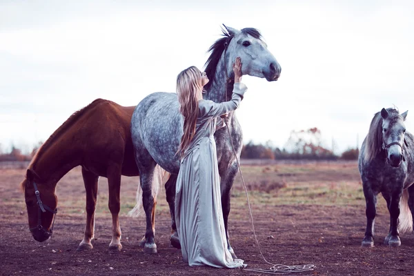 Beauty blondie with horse in the field, effect of toning — Stock Photo, Image