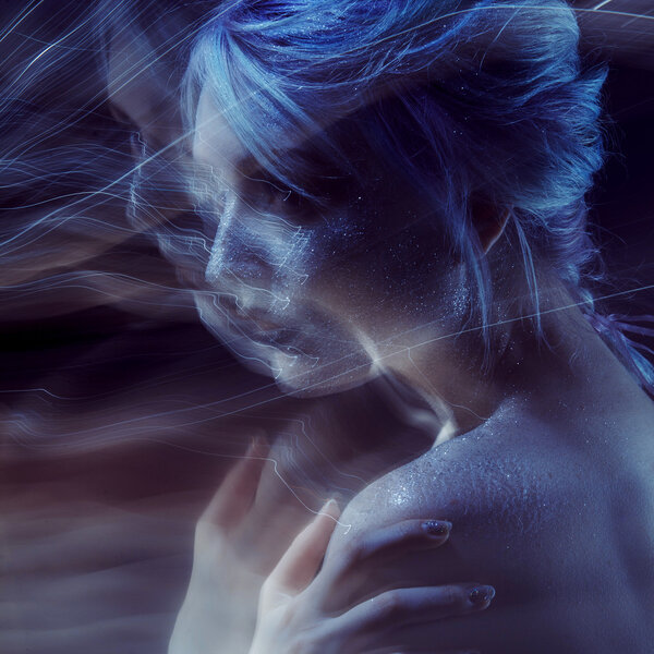 ghostly woman, soul. Portrait of a movement effect, creative body art on theme space and stars.