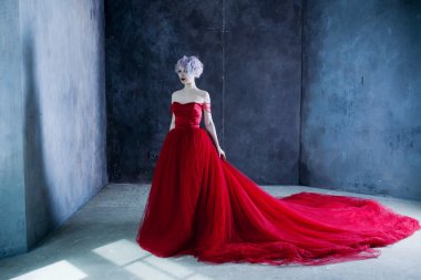 Kırmızı elbiseli genç muhteşem kadın moda fotoğrafı. Dokulu arka plan