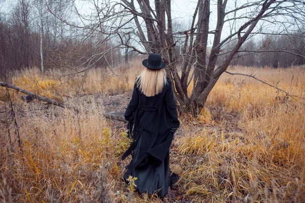 Retrato de mujer joven atractiva en abrigo negro y sombrero. Ella va a través del campo. Paisaje otoñal, hierba seca. Mira atrás. —  Fotos de Stock