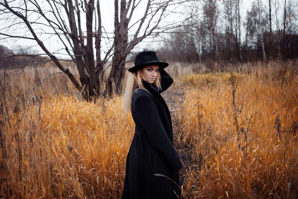 Retrato de mujer joven atractiva en abrigo negro y sombrero. Paisaje otoñal, hierba seca —  Fotos de Stock