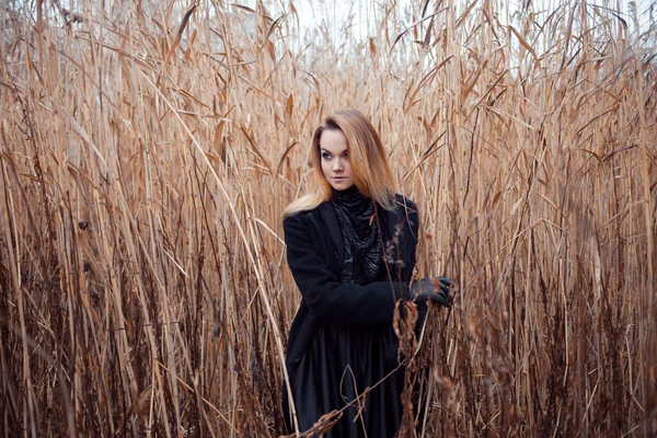 Portrait de jeune femme séduisante en manteau et chapeau noir. Paysage d'automne, herbe sèche — Photo