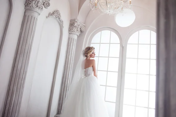 Charmante junge Braut im luxuriösen Hochzeitskleid. hübsches Mädchen, das Fotostudio — Stockfoto