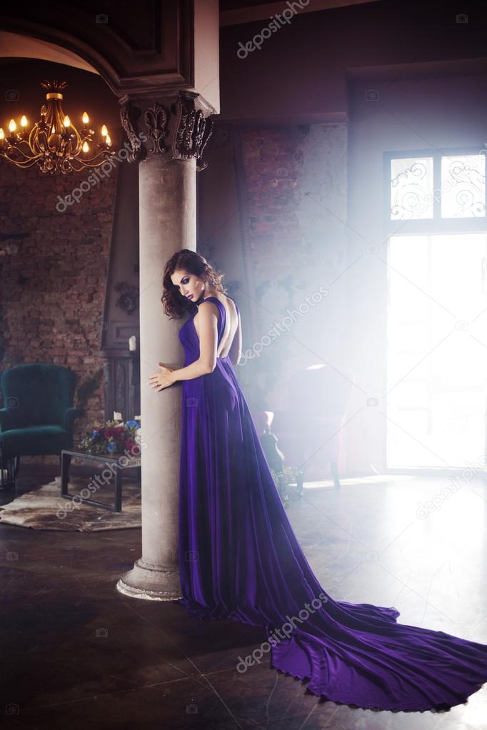 Beauty Brunette Model Woman In Evening Purple Dress Beautiful Fashion Luxury Makeup And