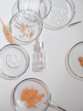 Cilt bakımı için serum, çevre dostu kozmetik. Şişeler ve malzemeler