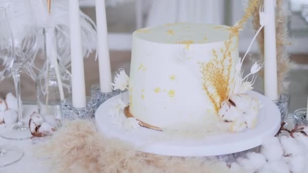 Beautiful wedding cake with cream and kiwi, table setting and a piece of cake on a plate. — Stock Video