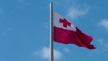Tonga bayrağı rüzgarda dalgalanıyor. Mavi gökyüzüne karşı ulusal bayrak,