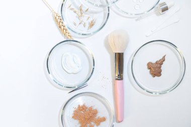 Çevre dostu ve kullanışlı dekoratif kozmetik, konsept. Toz ve şişelerdeki çeşitli malzemeler.