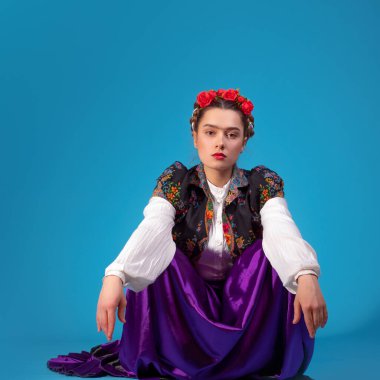 İspanyol ya da Meksika tarzı etnik kıyafetli genç bir kadın.,