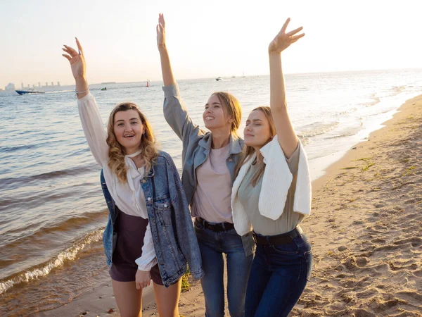 Drei Freunde spazieren am Strand, das Glück der Kommunikation. — Stockfoto