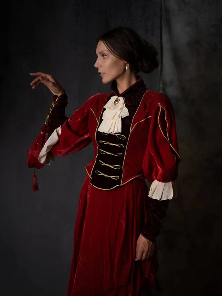 Elegant young woman in a purple medieval dress, portrait — Stock Photo, Image