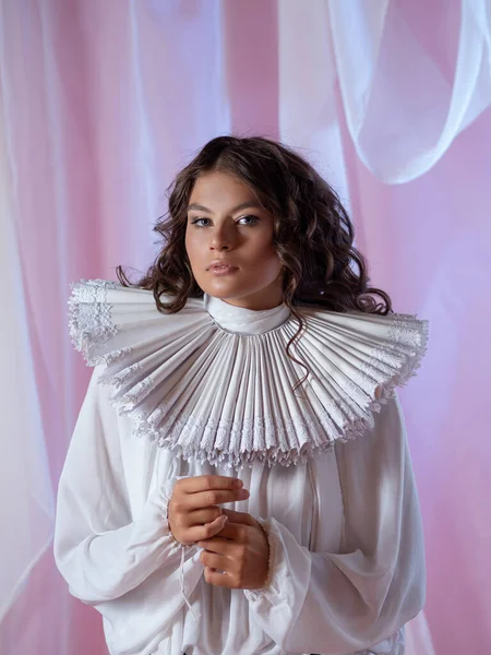 Glamouröses Porträt einer edlen Dame in weißer Bluse und mittelalterlichem Rundkragen — Stockfoto
