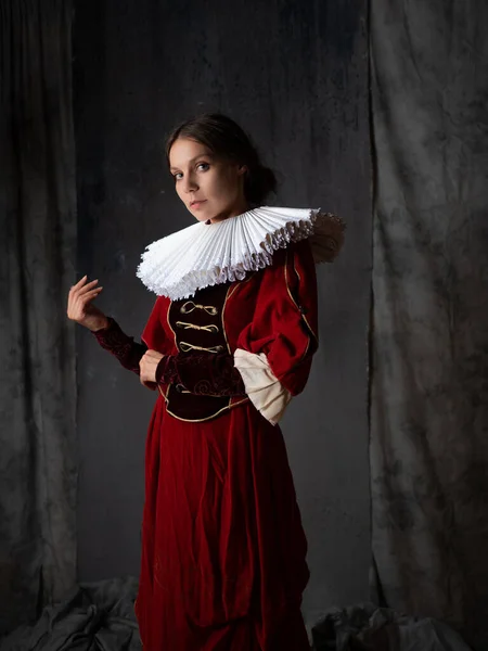 Egy nemes hölgy fényűző vörös ruhában, középkori stílusban, egy fiatal nő. — Stock Fotó
