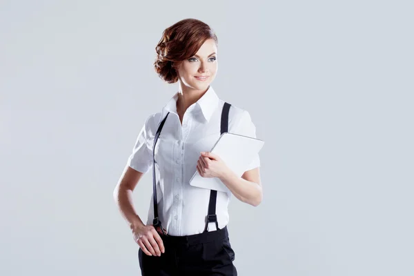 성공적인 비즈니스 여자, 손에 노트북으로 흰색 바탕에 — 스톡 사진