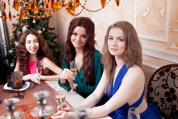 Twee vrienden op een feestje, meisje zit aan de tafel van de vakantie — Stockfoto