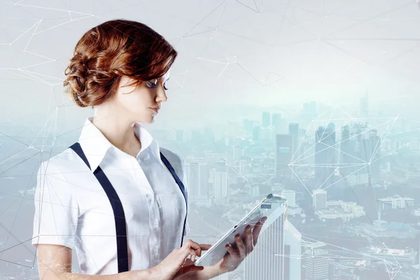 Successful business woman working on laptop, city   background — Stock Photo, Image