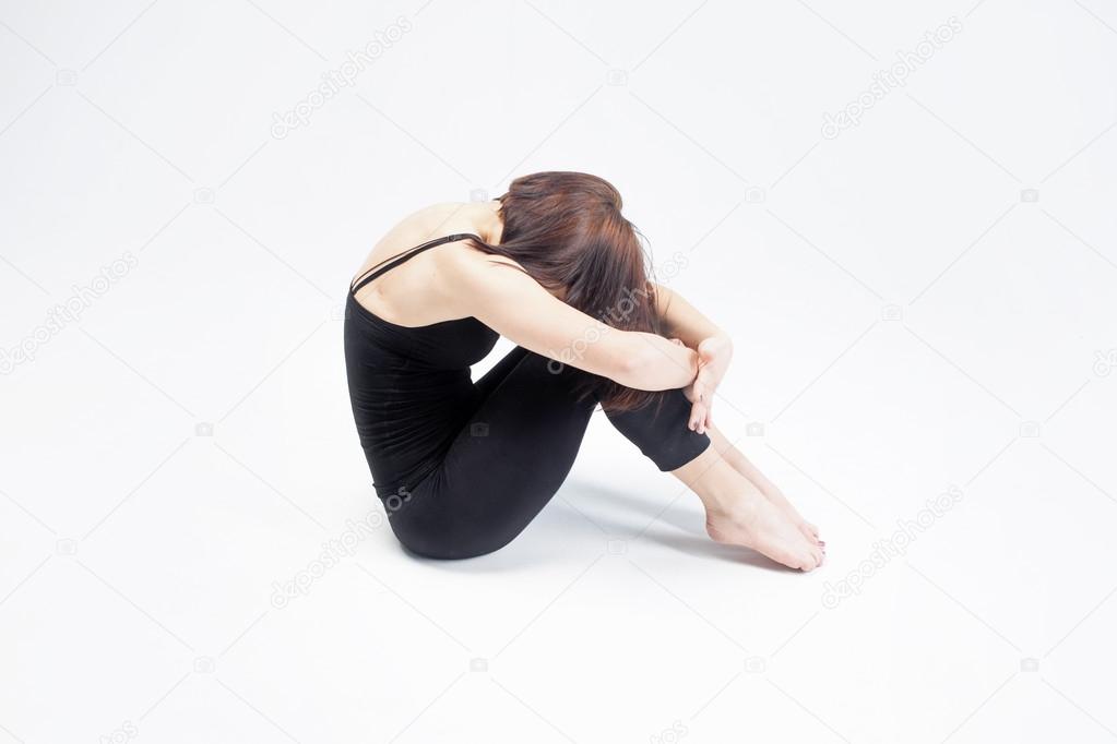 athletic girl on white background, closed from all