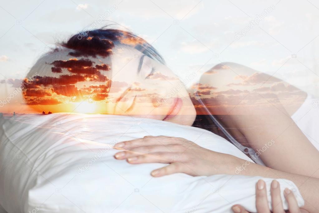 double exposure  sleeping girl and sunset, dreams 