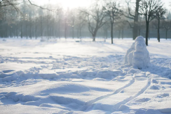 Winter landscape with snowman, shallow depth of rezkozti, focus on foreground — Stock Photo, Image