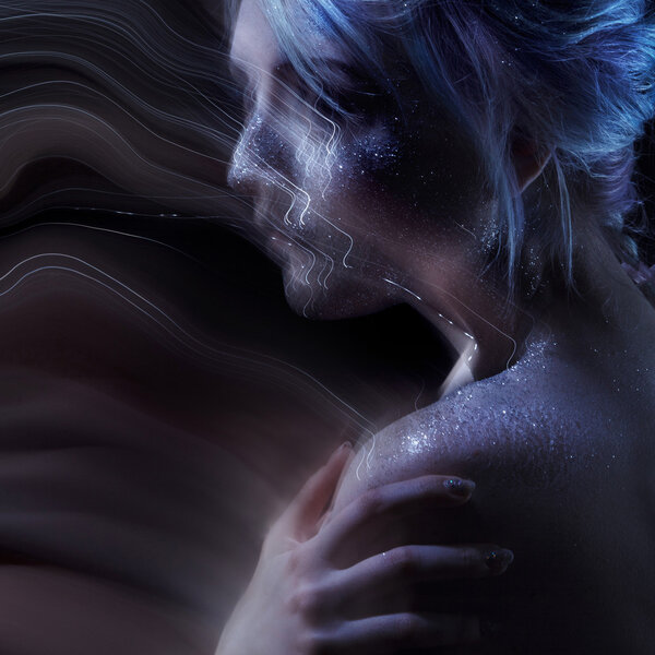 ghostly woman, soul. Portrait of a movement effect, creative body art on theme space and stars.