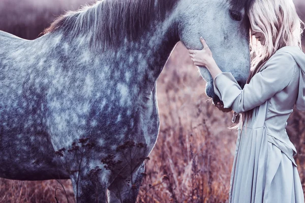 Belleza rubia con caballo en el campo, efecto de tonificación —  Fotos de Stock