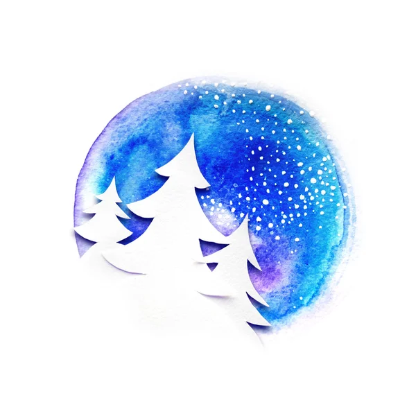 Акварельна ілюстрація ялинки на круглому тлі зимового неба — стокове фото