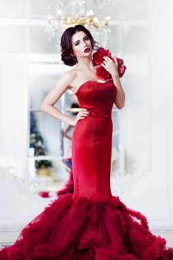 Güzellik esmer model kadın akşam kırmızı elbise. Güzel moda lüks makyaj ve saç modeli, tam uzunlukta
