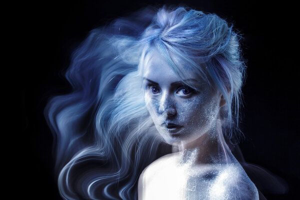 ghostly woman, soul. Portrait of a movement effect, creative body art on theme space and stars.