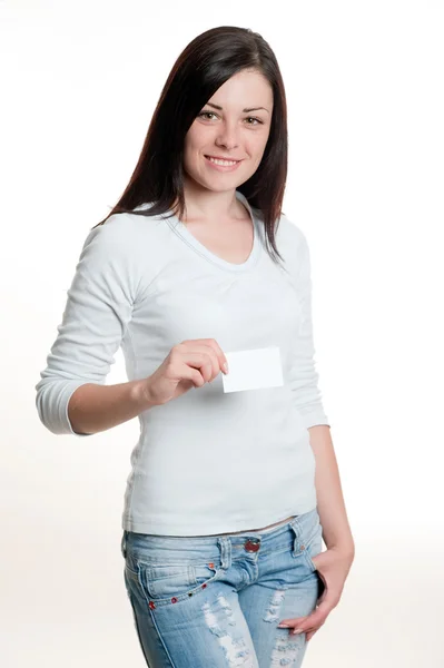 Girl holding business card — Stock Photo, Image