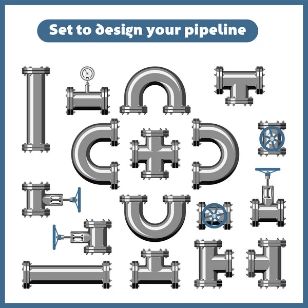 Set Design Pipeline Pipes Taps Manometers Vector Illustrations Flat Style — Stock Vector