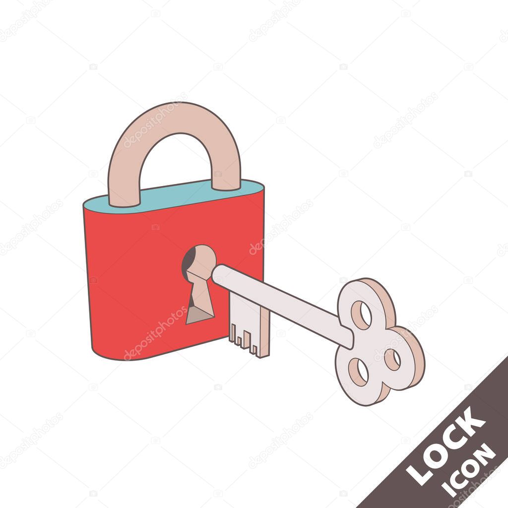Closed lock and key icon. 3D vector illustration in flat style isolated on white background. Editable strokes.