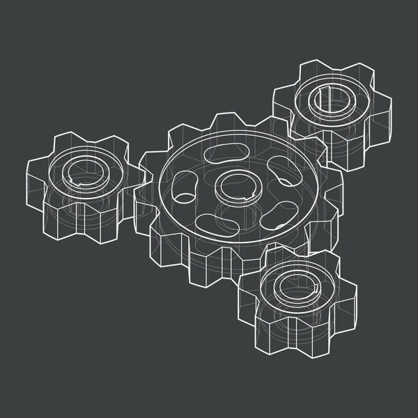 Isometric Drawing Gears White Lines Black Background Vector Illustration Editable — Stock Vector