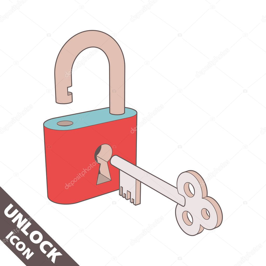 Opened lock and key icon. 3D vector illustration in flat style isolated on white background. Editable strokes.
