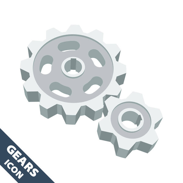 Gears icon. 3D vector illustration in flat style isolated on white background. Icon for the Options, Settings, Technical Support, Service menu or others.