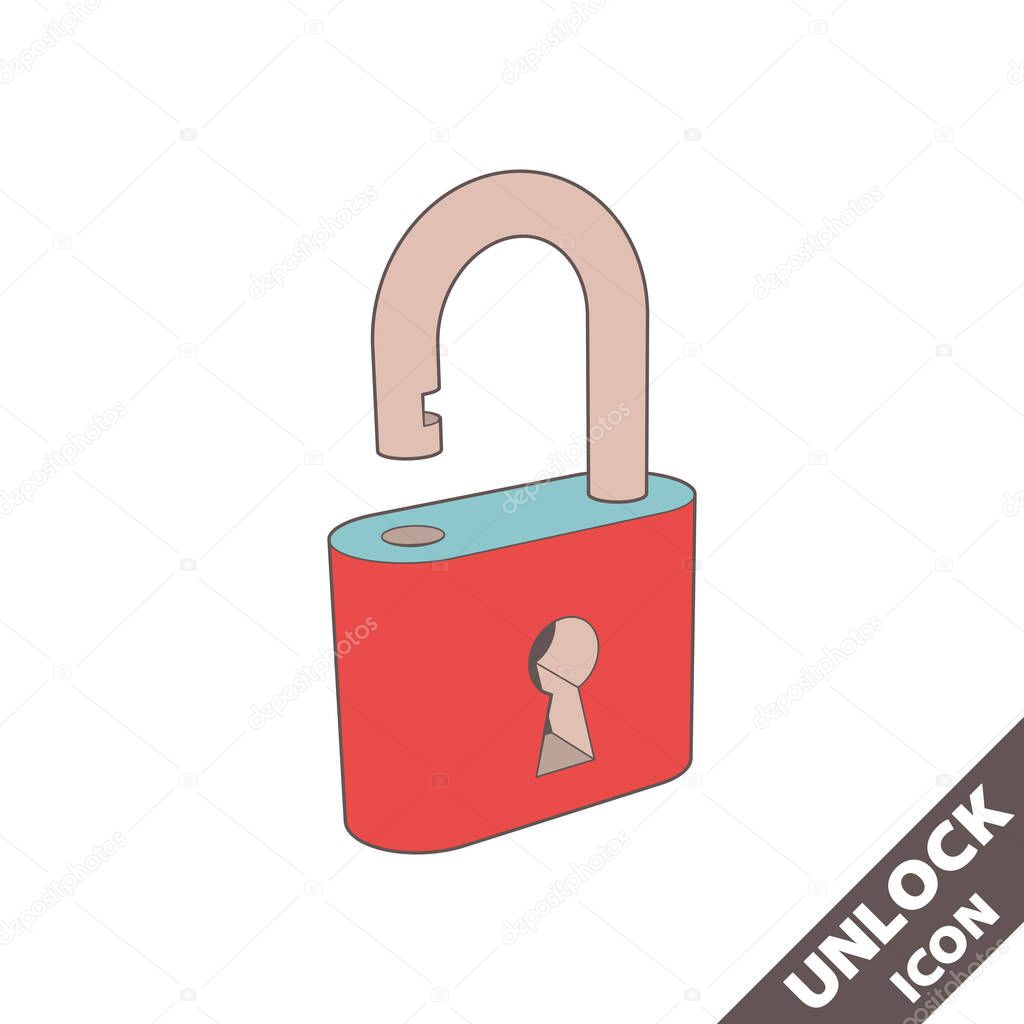 Opened lock icon. 3D vector illustration in flat style isolated on white background. Editable strokes.