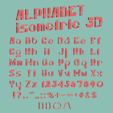 Vektör izometrik 3d yazı tipi. Renkli harfler, sayılar ve noktalama işaretleri koleksiyonu. Vektör illüstrasyonu.
