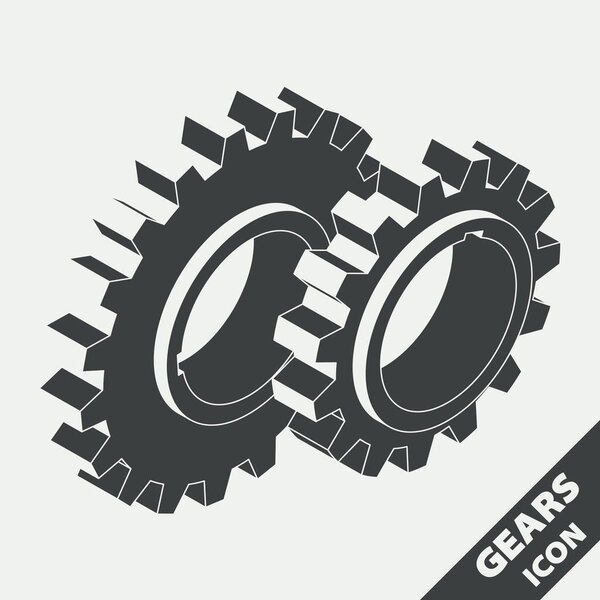 Two gears black and white icon. Isometric 3D vector illustration in flat style. Icon for the Options, Settings, Technical Support, Service menu or others. Editable strokes.