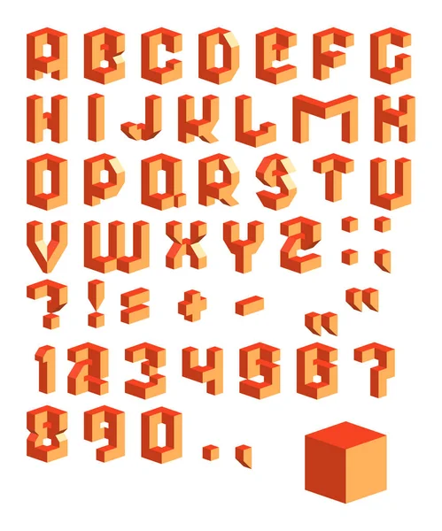 Vector Isometrische Lettertype Verzameling Van Rode Letters Cijfers Leestekens — Stockvector
