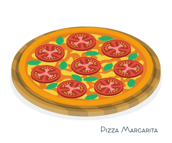 Pizza Margherita Tábua Madeira Pizza Margarita Com Tomate Manjericão Queijo —  Vetores de Stock