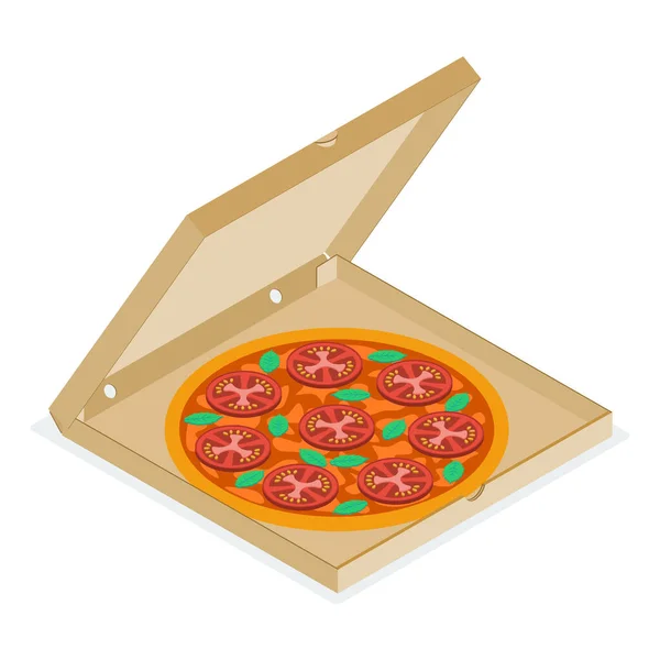 Pizza Margherita Otwartym Kartonowym Pudełku Pizza Margarita Pomidorami Bazylią Serem — Wektor stockowy