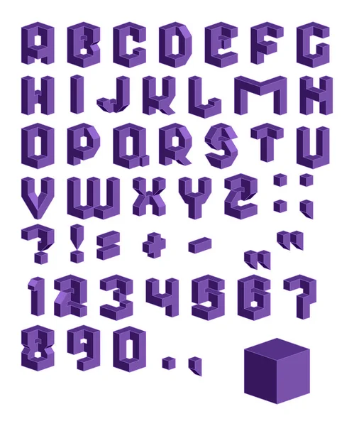 Vector Set Purple Characters Isometric Font Vector Letters Numbers Punctuation — Stock Vector