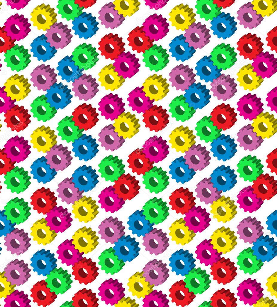 Seamless pattern with gears, cogwheels. Multicolored isometric pattern for background or fills. Vector illustration.