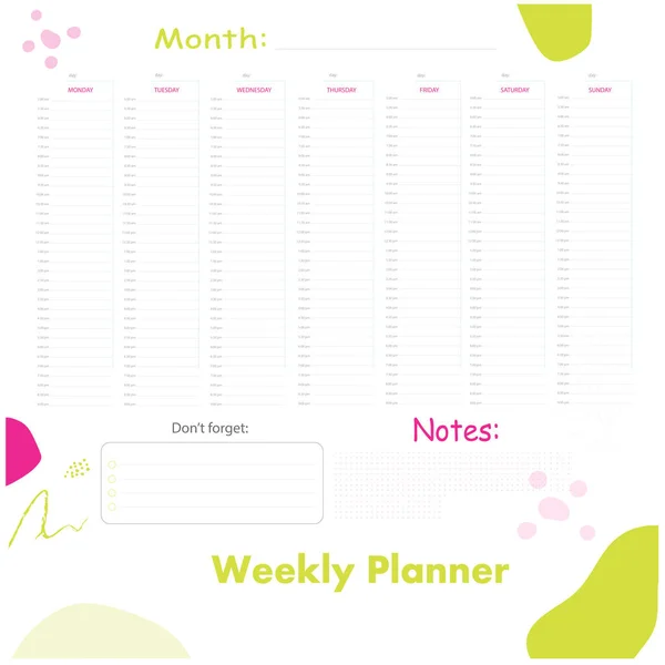 每月计划模板 可打印的列表 商业组织者页面 矢量说明 — 图库矢量图片