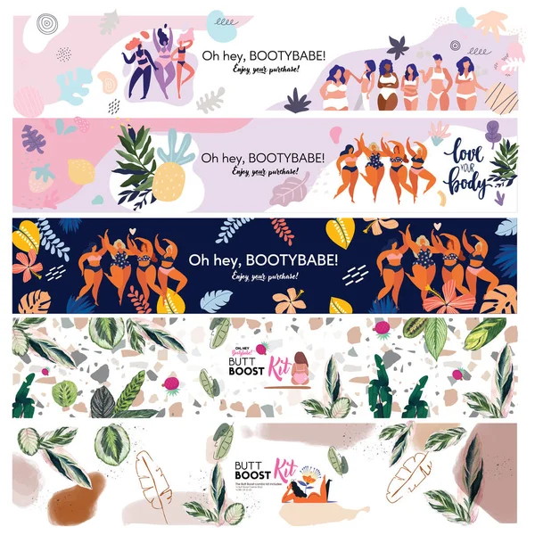 Conjunto Cuerpo Abstracto Ilustración Positiva Paquete Diseño Tropical Girly Hojas — Vector de stock