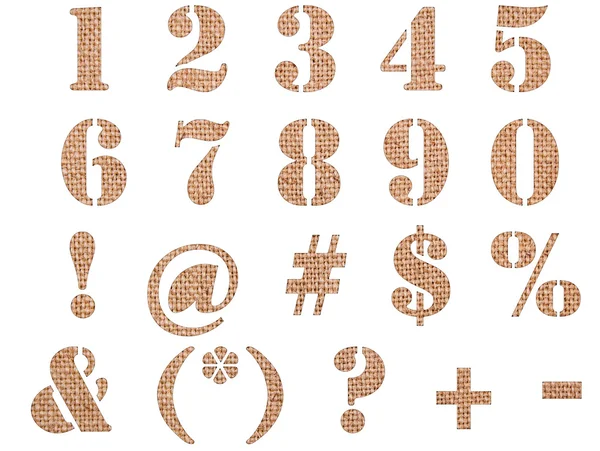Burlap material textured numbers, signs and symbols — Stock Photo, Image