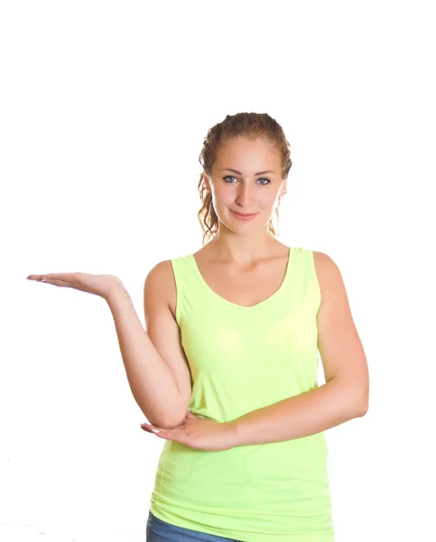 Woman showing empty copyspace on the open hand palm — Stock Photo, Image